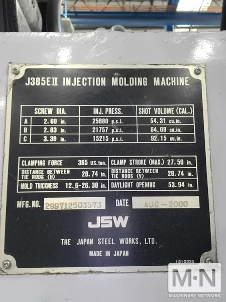385 TON 30 OZ JSW MODEL J385EII INJECTION MOLDING MACHINE MFG 2000