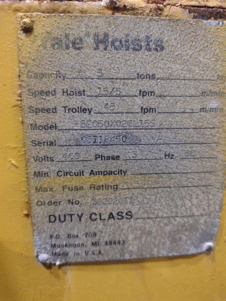 5 TON YALE MODEL #BE050X026L15S CABLE HOIST WITH POWER TROLLEY: STOCK #16589