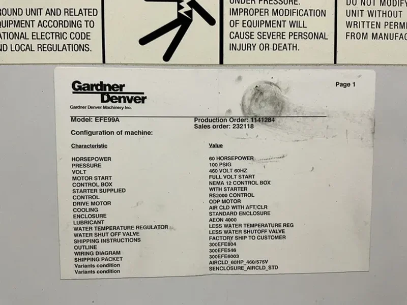 GARDNER DENVER 60 HP AIR COMPRESSOR   -  EFE99A
