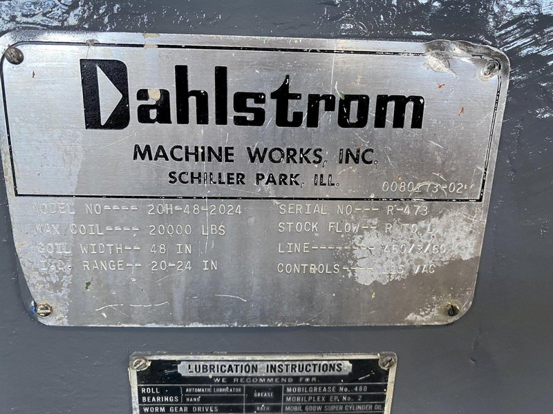 20,000 LBS X 48&quot; DAHLSTROM MODEL #20H-48-2024 POWERED HYDRAULIC UNCOILER &amp; PEELER TABLE: STOCK #16210