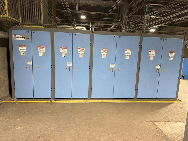 2021 Inductotherm melt system with 2- traveling charge feeders with scales, Inductotherm type 3000 DT-2 ACF-2 3000 kw power supply rated at 300 h. s/n 21H-381478-246-11 interconnecting buss and cables, 2- 4metric steel shell furnaces with stands, hydraulic system , water system with twin 50hp pumps, 2021 Emsco model Hypro 25 stainless steel heat exchanger , related piping, controls, remote operators stand, related controls, lining pushout, Sonmez incoming power transformer type HTYAA3KH-326623 s/n 15729 rated at 3260-4025 KVA, 12,470 volt primary volts, 2x575 secondary volts, spare incoming transformer same as above s/n 15364