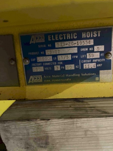 Wright 7 ton electric hoist Model C3W07 s/n 533-20-10554, drum #5, 15/5 fpm, 59' lift, 460 volt, wth pendent controls