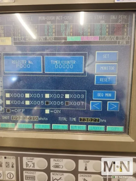 110 TON 3.3 OZ TOSHIBA MODEL EC110NV21-2 ELECTTRIC INJECTION MOLDING MACHINE MFG 2005