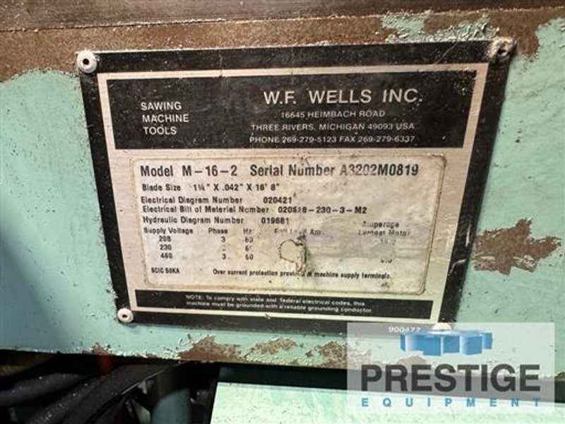 W.F Wells M-16-2 16" x 26" Hydraulic "Twin-Post" Miter Horizontal Bandsaw