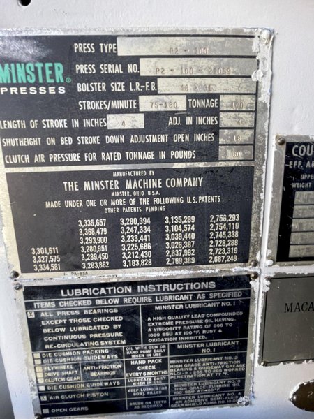 100 ton Minster P2-100-48 Piece-Maker Used Mechanical Metal Stamping Press For Sale, Year 1975