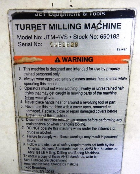 9&quot; x 49&quot; JET Vertical Milling Machine Model JTM-4VS,  3 HP