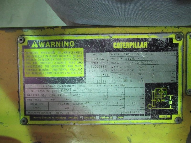 Caterpillar M50D-SA 5000 LBS Electric Forklift with Charger, Triple Mast, Cushion Tires, Side Shift, 48" Forks- Auction Item