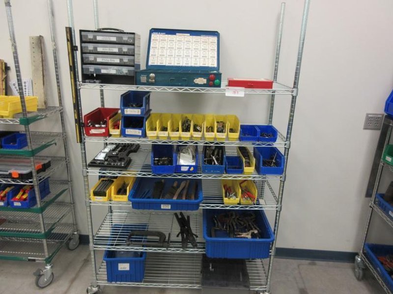Hand Tools, Large Assortment including Socket Set, Rachet Wrenches, Clamp, Tap Wrenches, Drill Chucks, O-Ring Kit and MORE on 6-Shelf 48" x 18" x 78" Metal Wire Rolling Cart- Auction Item