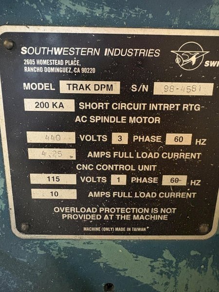 1998 Southwestern Industries TRAK DPM 3-Axis CNC Bed Mill | 40-Taper, Power Drawbar, ProtoTRAK SM