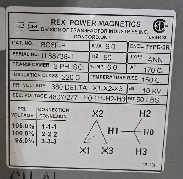 REX POWER MAGNETICS BC6F-P 6 KVA 380V/480Y-277V TRANSFORMER USED