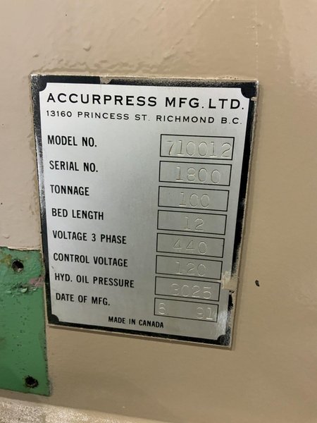 100 TON X 12' ACCURPRESS 710012 HYDRAULIC PRESS BRAKE: STOCK #80731