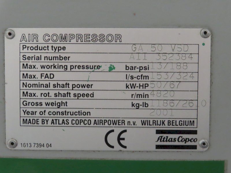 Atlas Copco GA 50 VSD 67 HP Variable Speed Drive Rotary Air Compressor - Auction Item