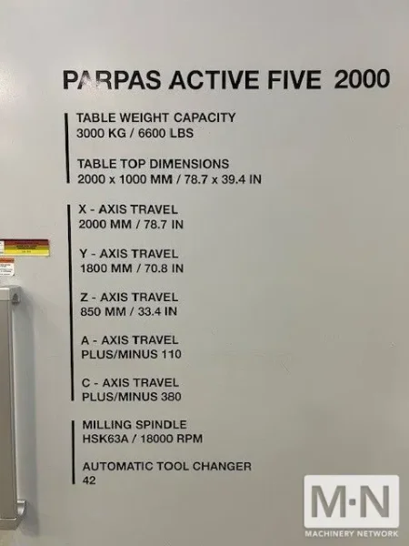 Parpas OMV Active Five 2000 CNC 5-Axis Vertical Machining Center, 2014