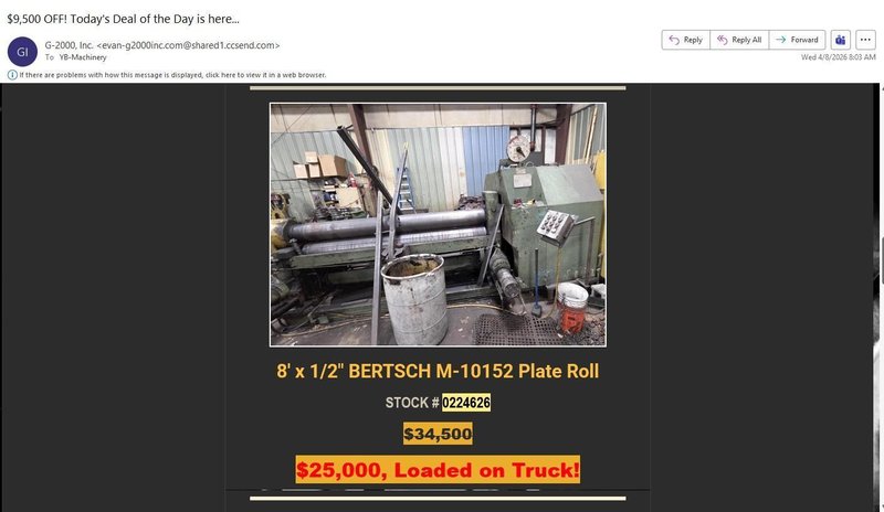 8' X 1/2" BERTSCH INITIAL PINCH 3 ROLL MECHANICAL PLATE ROLL: YOBRO #25159