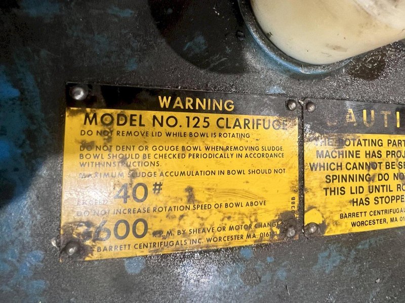 2 HP BARRETT MODEL #125 CLARIFUGE 3600 RPM CHIP SPINNGER WRINGER CENTRIFUGE: STOCK #23459
