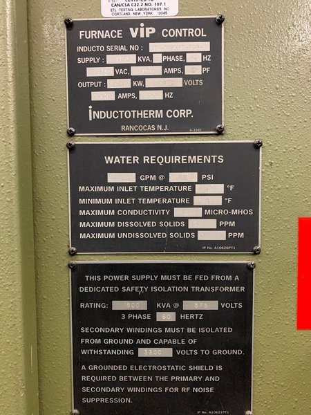 2000 Inductotherm model 1750-300 furnace power supply s/n 00f-123659-12 rated at 1750 kw, 1900 kva, 400 hz., 575 volt, with remote panel control box, original drain/feed manifolds