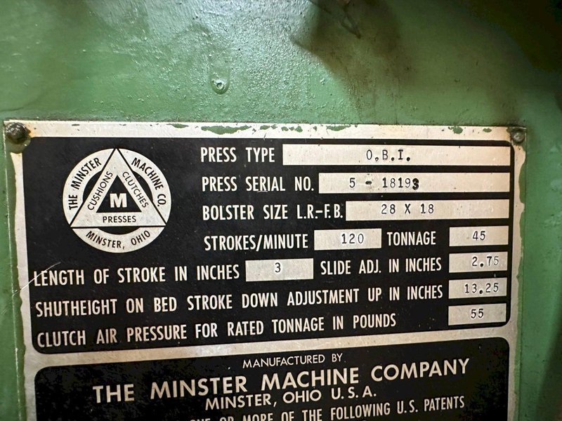 45 TON MINSTER MODEL #5 OBI MECHANICAL PUNCH PRESS 3" STROKE : YOBRO #26146
