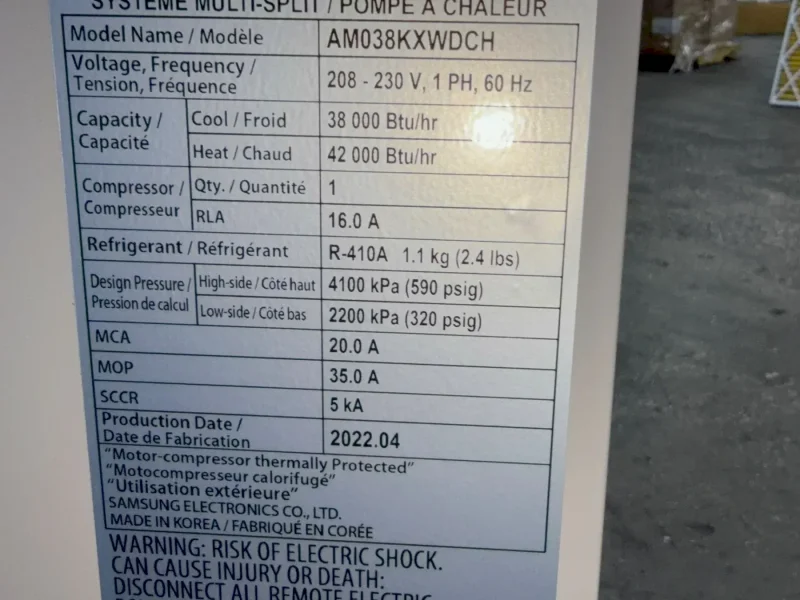 SAMSUNG 38000/42000 BTU MULTI SPLIT SYSTEM/HEAT PUMP  -  AM038KXWCH
