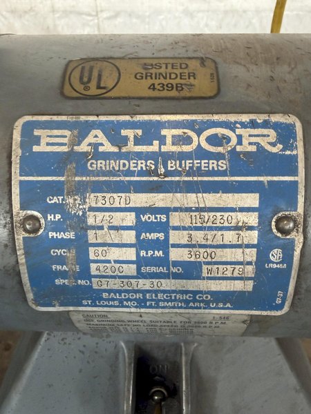 1/2 HP BALDOR PEDESTAL DOUBLE WHEEL GRINDER. STOCK # 0222026