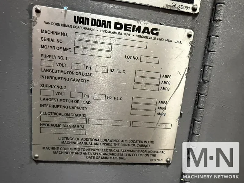 170 TON 10 OZ VAN DORN MODEL 170HT-10 INJECTION MOLDING MACHINE MFG 1998