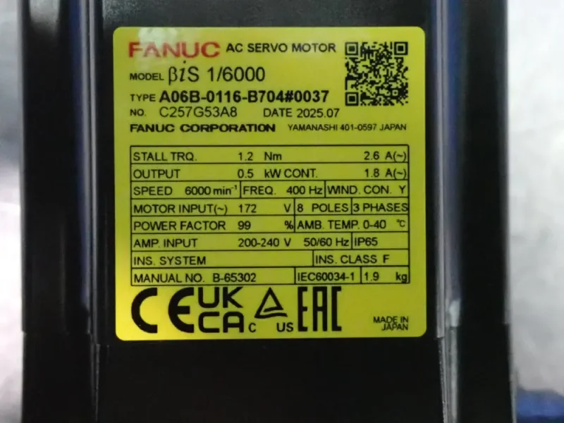FANUC 0.5 KW BIS 1/6000 AC SERVO MASTER  -  A06B-0116-B704#0037