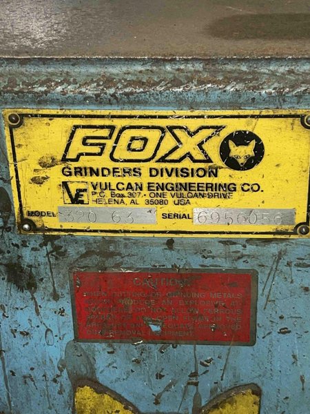 Fox model 320-63 20" double end grinder s/n 6956056, note: only using one side as a belt grinder