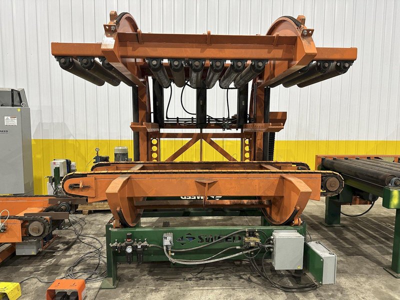 SWEED LOAD CLAMP &amp; TURNER / PACMAN FLIPPER SYSTEM WITH POWERED INFEED &amp; OUTFEED CONVEYORS: STOCK #22075