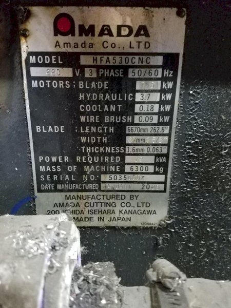 21" x 21" AMADA MODEL HFA530CNC AUTOMATIC HORIZONTAL BANDSAW: STOCK 18232