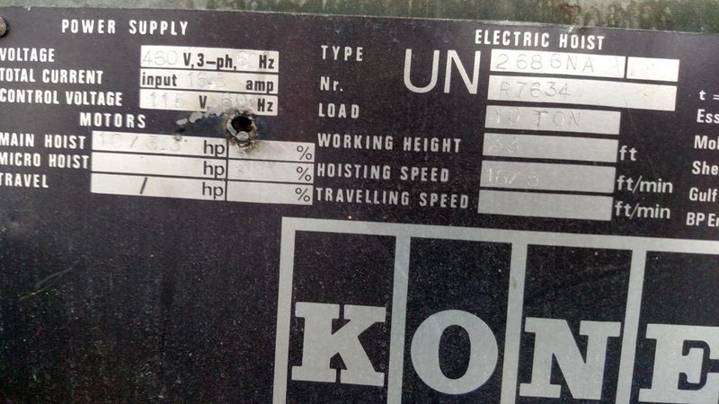 10 TON KONE ELECTRIC HOIST: STOCK #64650