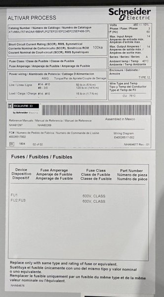 SCHNEIDER ATV660U75T4N2AAYBBNFLPQTEP201EP224EP225EP499-SPL VFD 10HP USED