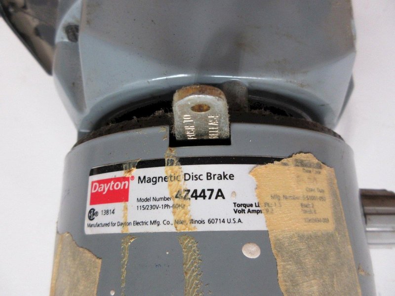 DAYTON AC Gearmotor Model 2Z843: Single Output Shaft, 90 RPM, 220 in-lb Max Torque with Dayton 4Z447A Magnetic Disc Brake, Mounted on Cross Slide- Auction Item