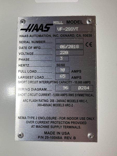 Haas VF-2SSYT CNC Vertical Machining Center – 2018 4th Axis Mill