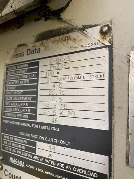 100 TON NIAGARA MODEL #E-90-S GAP FRAME PRESS, 4.5&quot; STROKE: STOCK #15062
