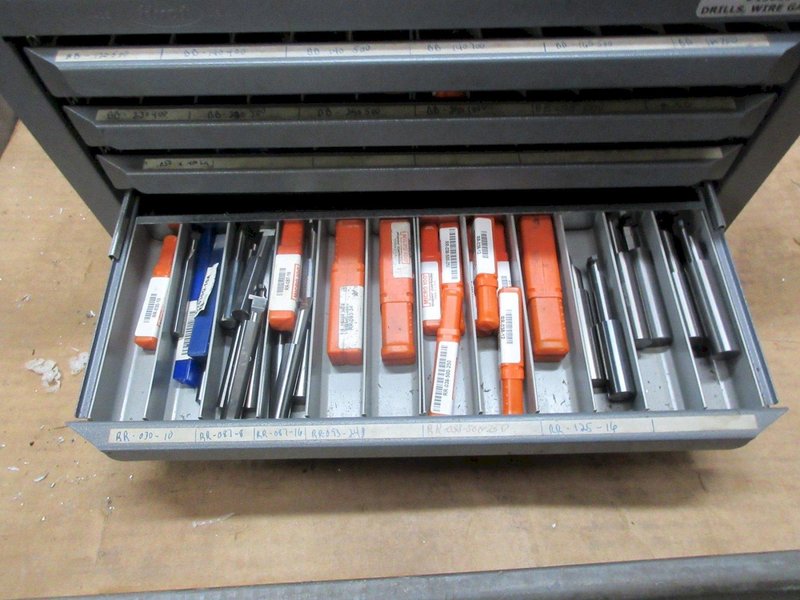 Huot 5 Drawer Drill Index with Contents of Small Solid Carbide Boring Bars, Many are New- Auction Item