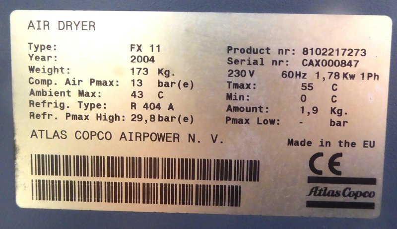 Atlas Copco Refrigerated Air Dryer FX 11, 264 cfm, 189 psi, 1 Phase