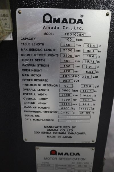 Amada FABIII-1025 (FBD-1025NT) CNC Hydraulic Press Brake, 110 Ton x 98.4&quot;, Up-Acting, AMNC PC Control, 5-Axis Backgauge- Auction Item