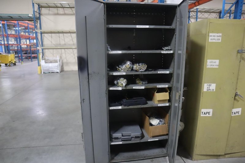Metal 2 Door Storage Cabinet with Contents of Work Gloves, Box Stapler and Hand Tools- Auction Item
