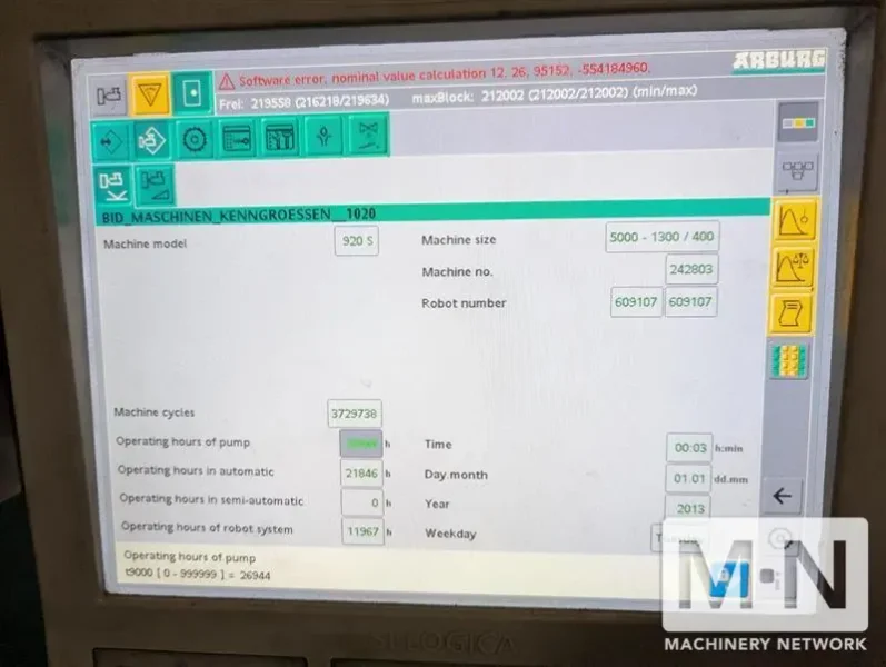 550 TON 29.1/ 8.2 OZ ARBURG MODEL 920S-5000-1300/400 2-COLOR INJECTION MOLDING MACHINE MFG 2017