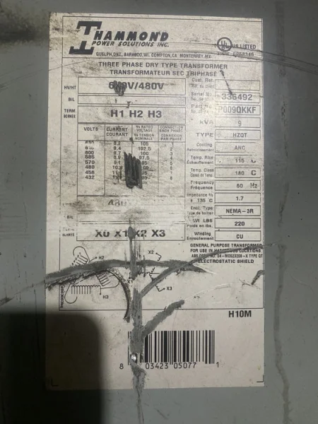 Hammond Power Solutions – P009QKKF Transformer 600/480V – 480Y/277V, 9kVA USED