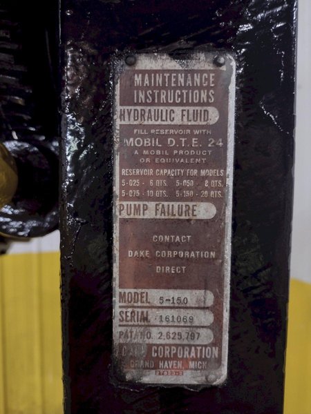 150 TON DAKE MODEL #5-150 H-FRAME HYDRAULIC PRESS: YOBRO #24689