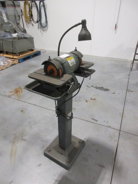 Baldor Double Tool Grinder On Pedestal Stand 6" Cupper Wheels, Tilting Work Tables w/ Drip Pans &amp; Work Light- Auction Item