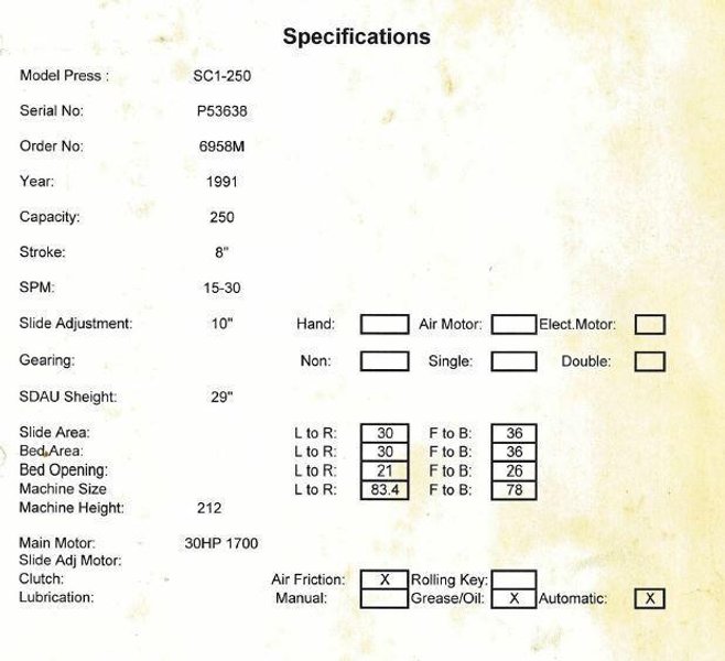 275 TON NIAGARA MODEL #SC1-250-30-36 SSSC PRESS WITH 8" STROKE (1991): STOCK 15110