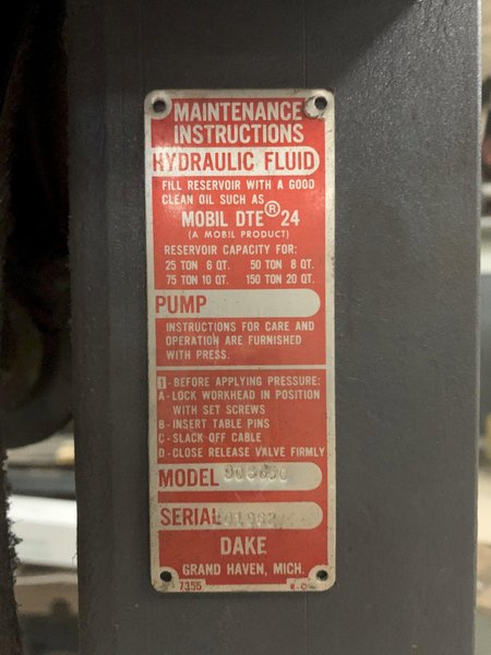 150 Ton DAKE Model 906650 Air Operated Press, S/N 201062 , New 2007.