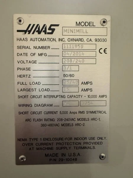 2014 Haas Mini Mill CNC Vertical Machining Center VMC CAT40 208/240V