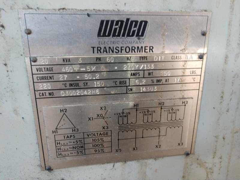 20 KVA WALCO 460 TO 230Y/133 VOLT ELECTRICAL TRANSFORMER: STOCK #11923