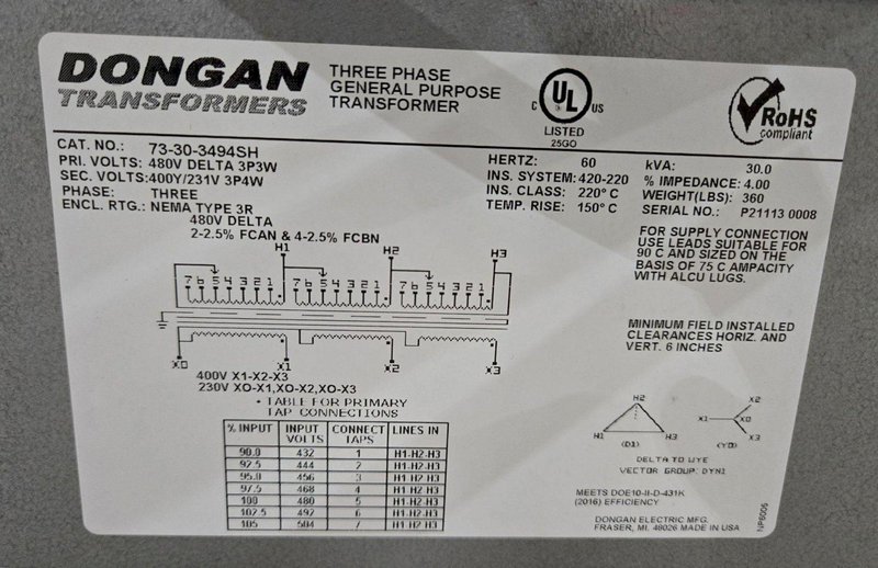DONGAN 73-30-34945H 480V 30KVA Transformer USED