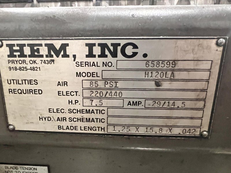 16" X 20" HEM MODEL #H120LA FULLY AUTOMATIC HORIZONTAL BANDSAW, WITH NESTING: STOCK #21753