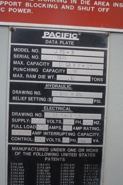 75 TON X 8' PACIFIC HYDRAULIC PRESS BRAKE: STOCK #66481
