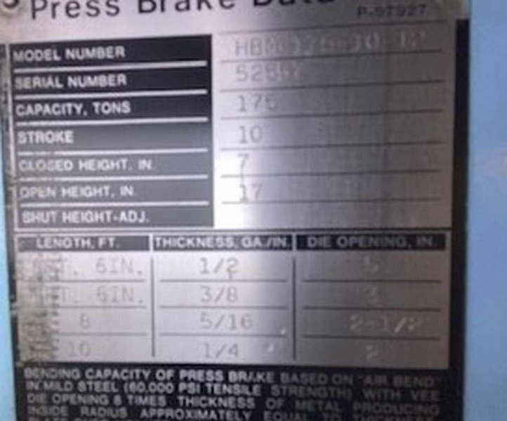 175 Ton Niagara Press Brake, 12'