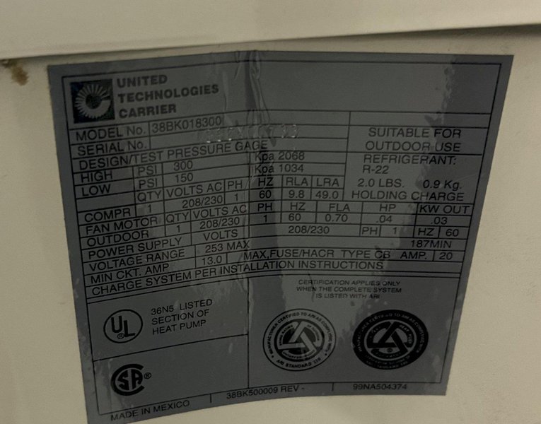 300 PSI United Technologies Carrier Model #38BK018300 Package Heat Pump: YOBRO #24461